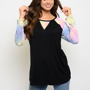 NEW! Women's Black with Tie Dye Long Sleeve Pullover Tunic T Shirt Top